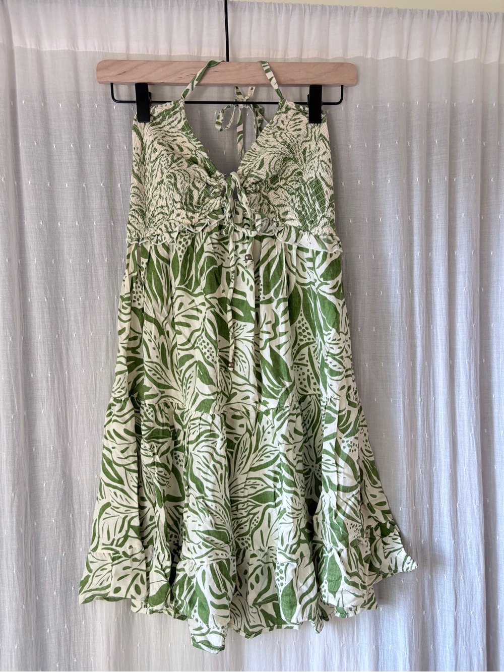 Angie Green and White Leaf-Print Halter Dress